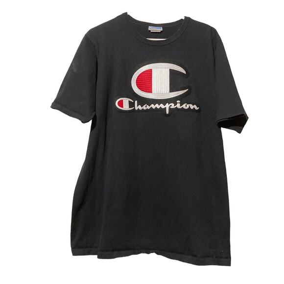 Vintage Champion T Shirt Spell Out Script XL Black Short Sleeve - Picture 1 of 6